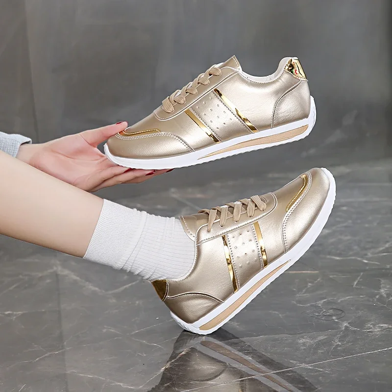 Women Sneakers Golden PU Leather Platform Shoes Outdoor Large Size Casual Sport Shoes Woman Vulcanized Shoes Zapatillas Mujer