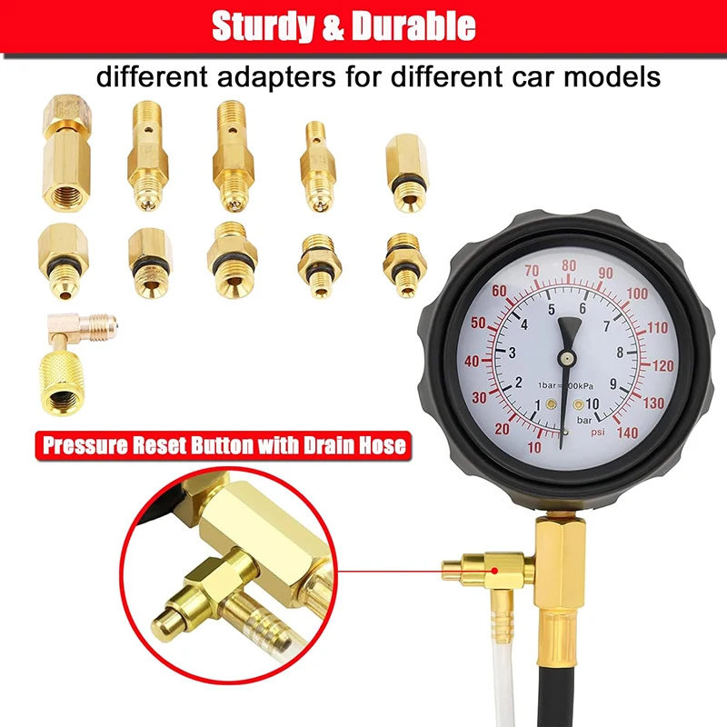 TU-114 Fuel Injector Pressure Gauge Tester Kit Diesel Engine Compression 0-140 PSI Gas Oil Pressure Tools for Car Motorcycle