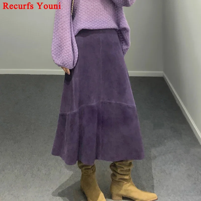 

Purple Women Suede Leather Skirt 2024 Trend Spring Harajuku Big Hem 85 cm Long Faldas Mujer Chic Bohemian 100% Dress