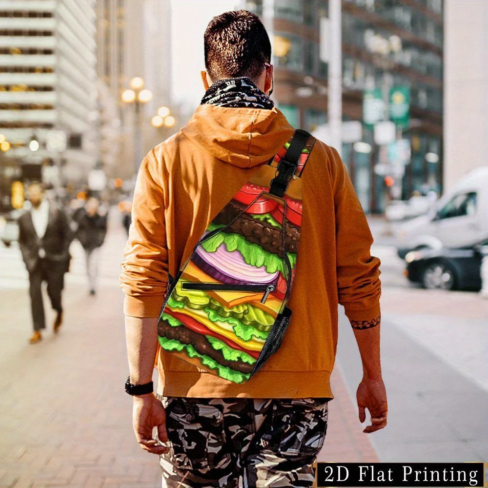 Fashionable Crossbody Bag Hamburger Pattern Zipper Chest Bag Cartoon Colorful Shoulder Bag Hand Washable but Not Dry Cleanable