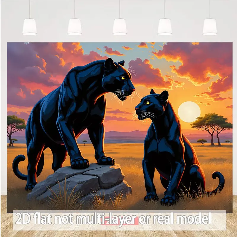 Black Panther Couple Sunset Safari African Wildlife 2D Flat Tapestry Backdrop For Living Room Decor Animal Wall Hanging ArtPrint