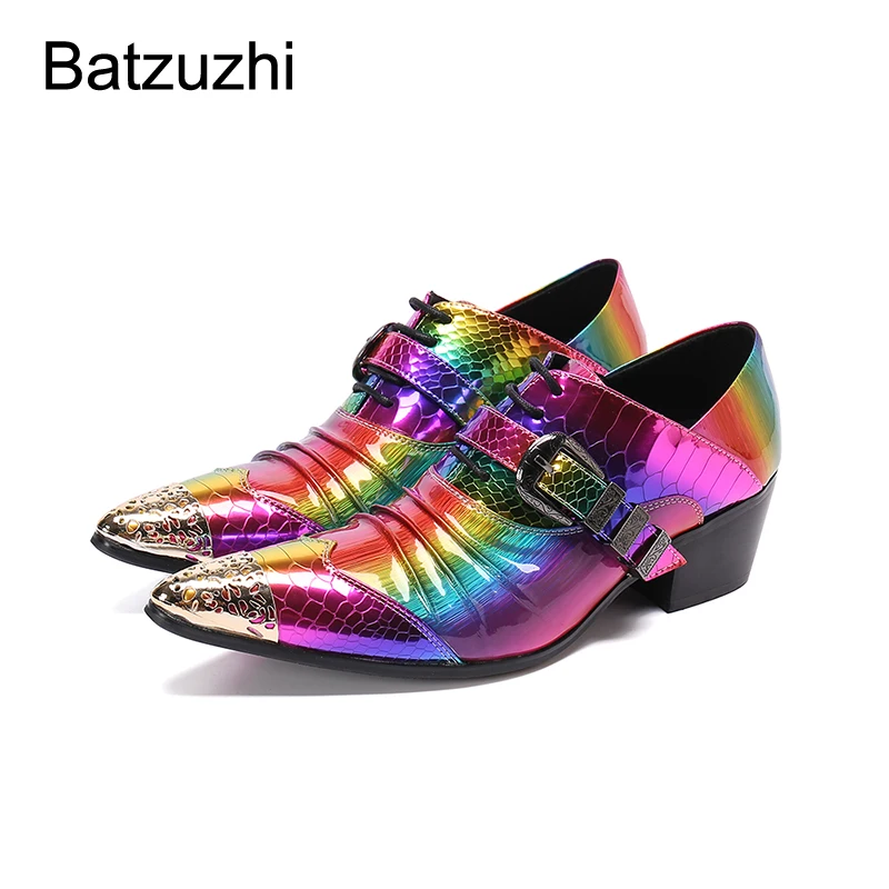 

Batzuzhi Rock Handmade Mens Shoes Pointed Golden Metal Toe Leather Dress Shoes Men Lace-up Multi Fashion Party and Wedding Shoes