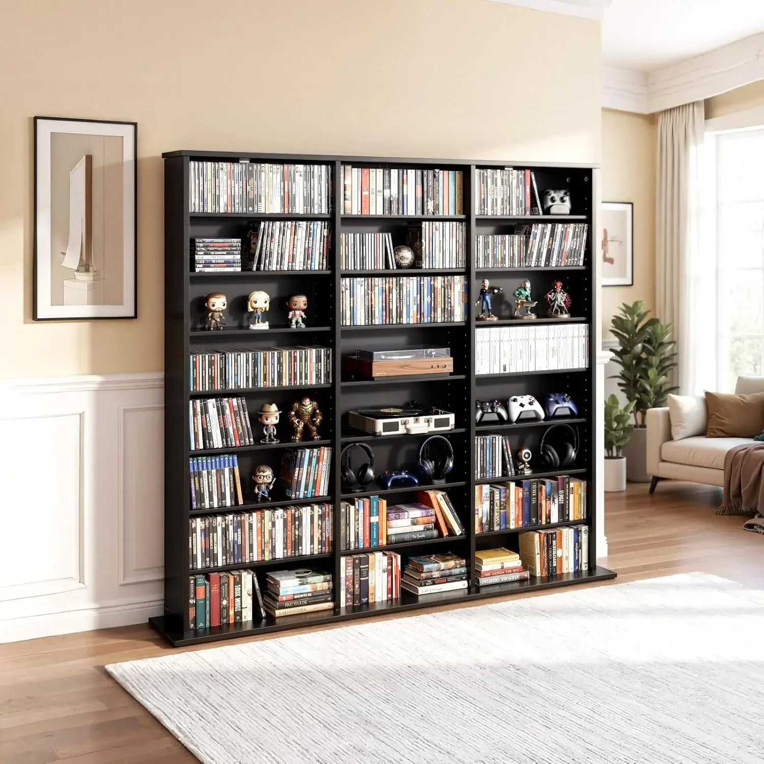 Media Storage Cabinet, 8-Tier DVD Shelf Organizer, 55.91 x 8.66 x 51.18 in Multimedia Storage Organizer for CDs, DVDs, Books & G