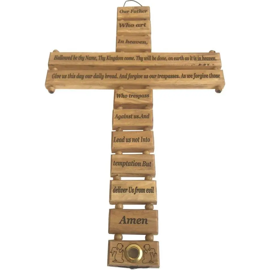 

Land Market Olive wood Cross from Bethlehem with a Certificate and Lord prayer card Cross, 18 Inches