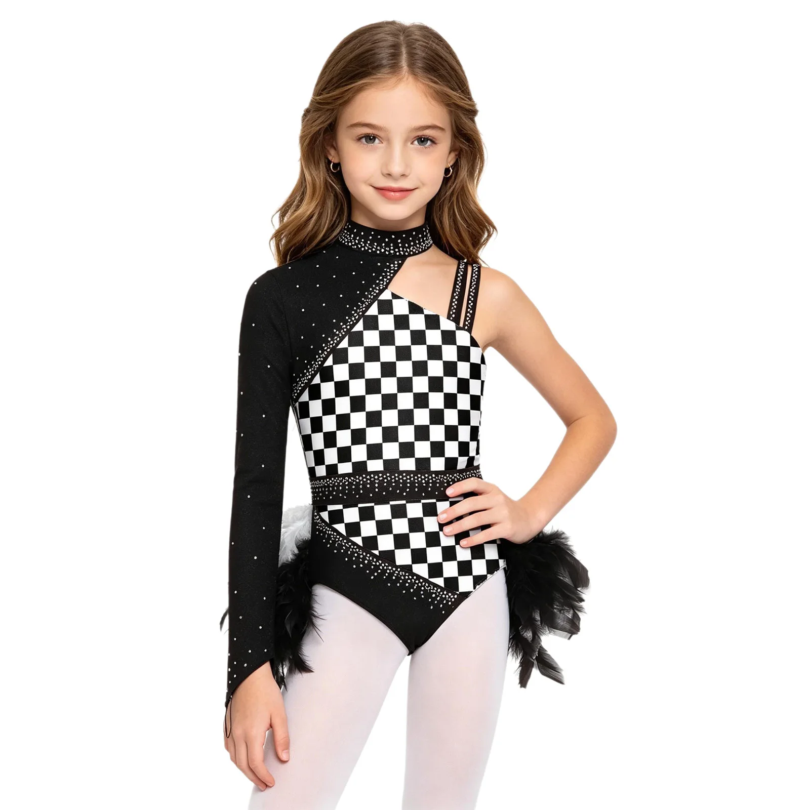 Kids Girls Sparkly Rhinestone Ballet Dance Dress Asymmetrical Sleeve Feather Skirted Leotard for Lyrical Performance Competition