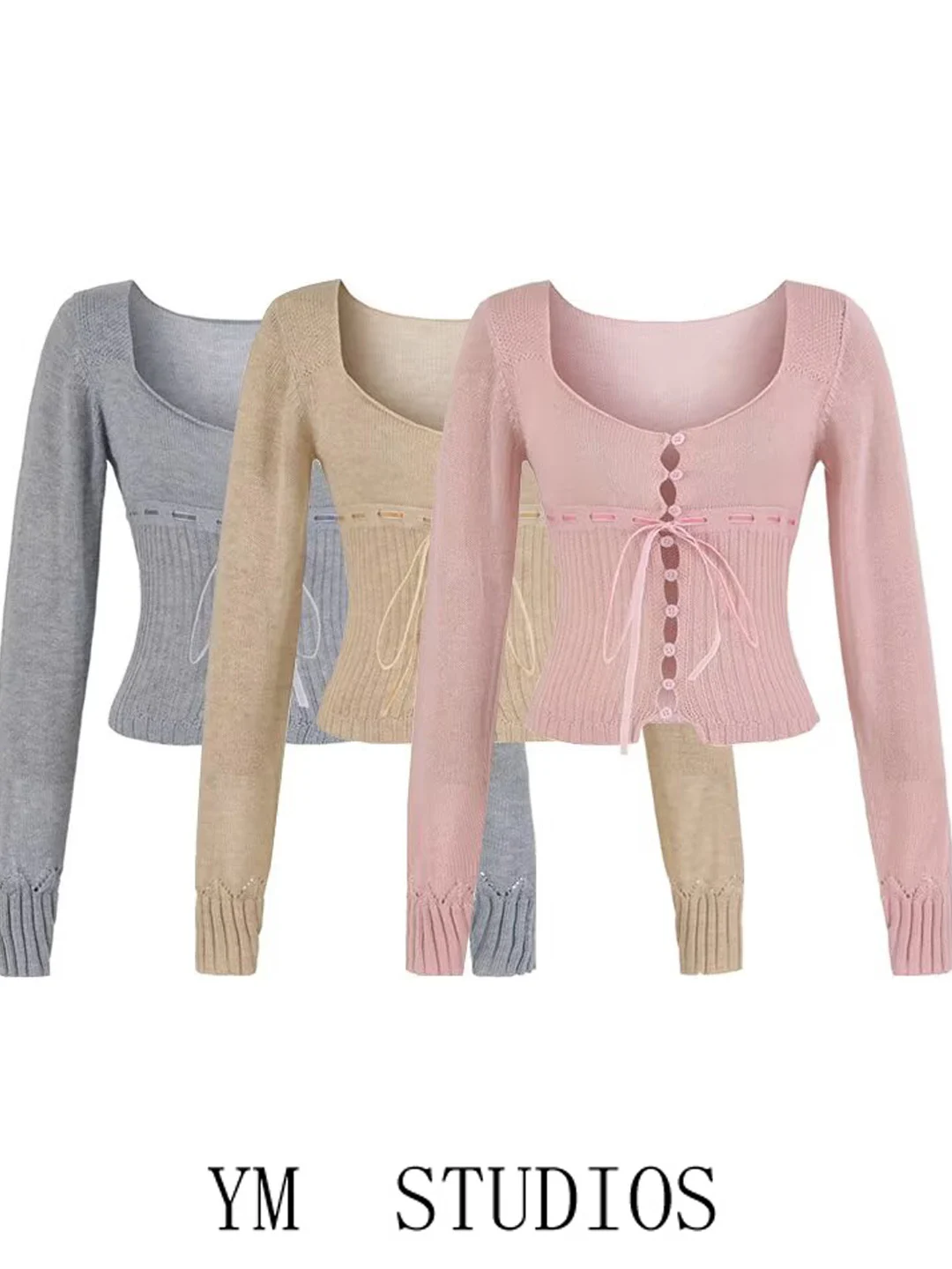 

Женский вязаный укороченный кардиган Sweet Style с квадратным вырезом, завязками на талии, приталенный топ во французском стиле, средней мягкости, с длинными рукавами