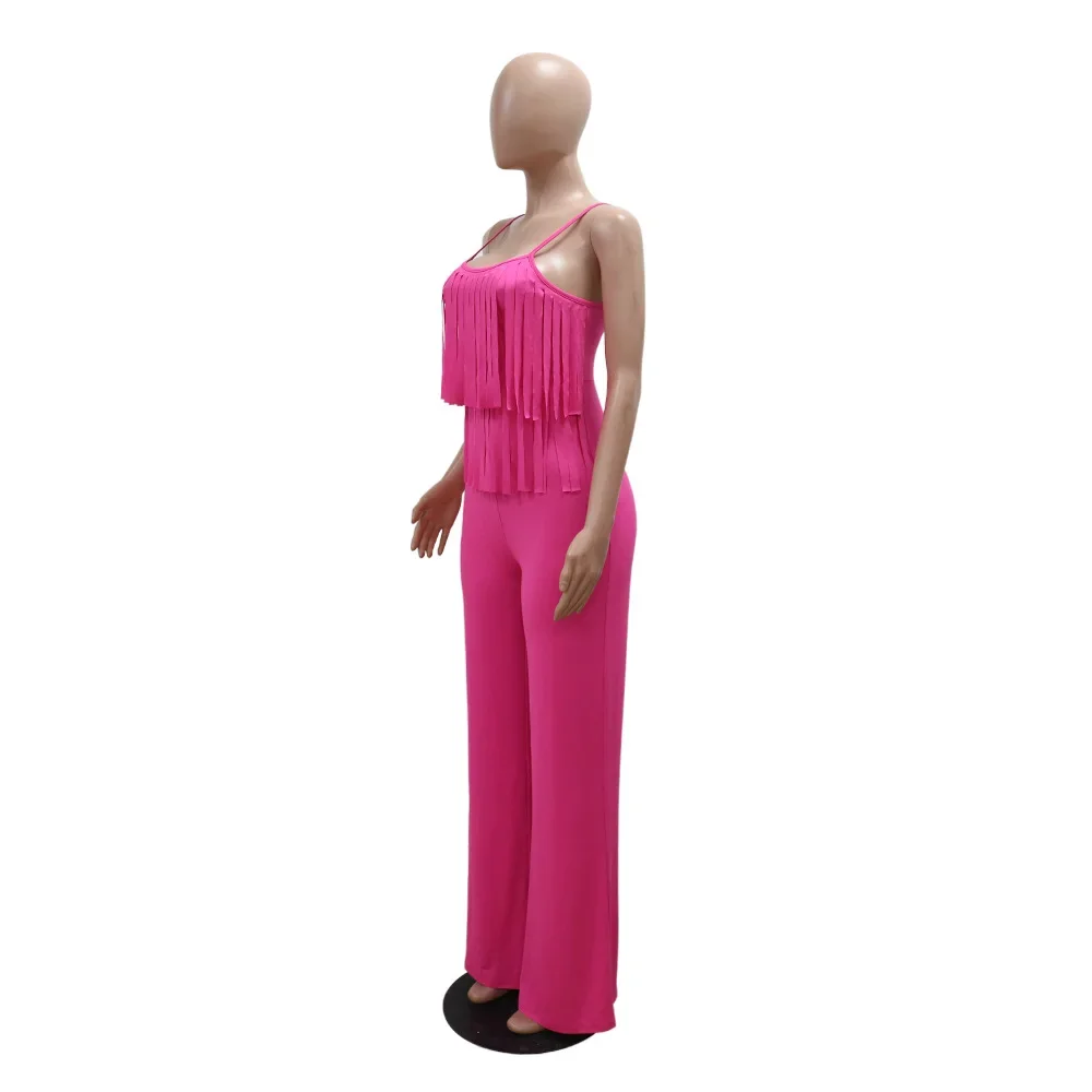 Women's Fashion Casual Halter Solid Color Fringe High Elastic Slimming Wide Leg Pants Comfortable Vacation Jumpsuit