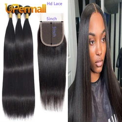 UperMixer-Tissage en Lot Brésilien Remy 100% Naturel avec Closure, Cheveux Lisses, 5x5 HD, Extensions Douces pour Femme Noire