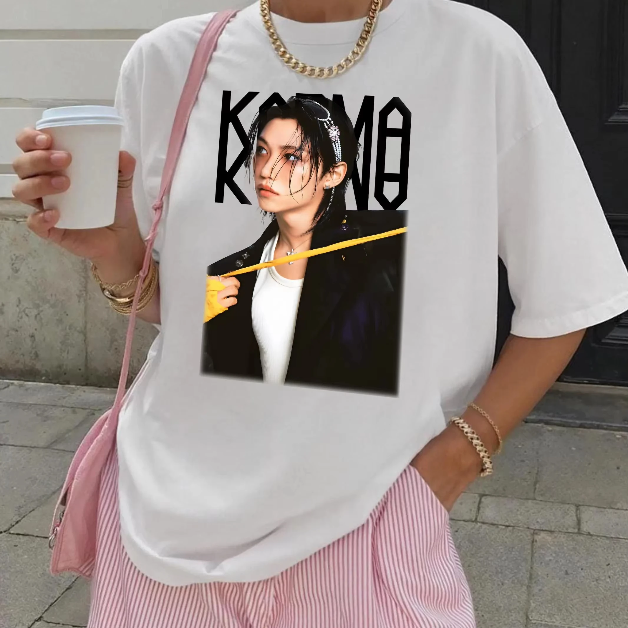 

100% Cotton Hip Hop Tee Shirt Harajuku Tops Streetwear KPOP The 4th Album KARMA T Shirt CHANGBIN HYUNJIN FELIX Korean Fashion
