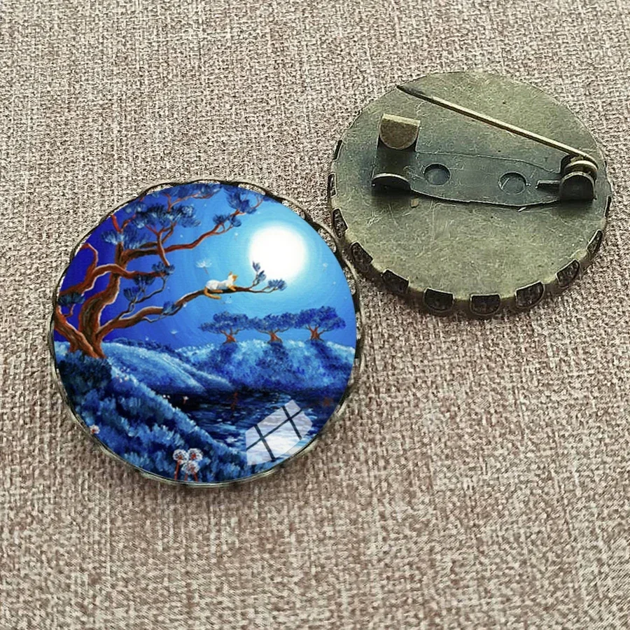 New Style Cat Under Night Sky Brooch Pin Animal Photo Glass Cabochon Brooches Cartoon Painting Pins Gifts Women