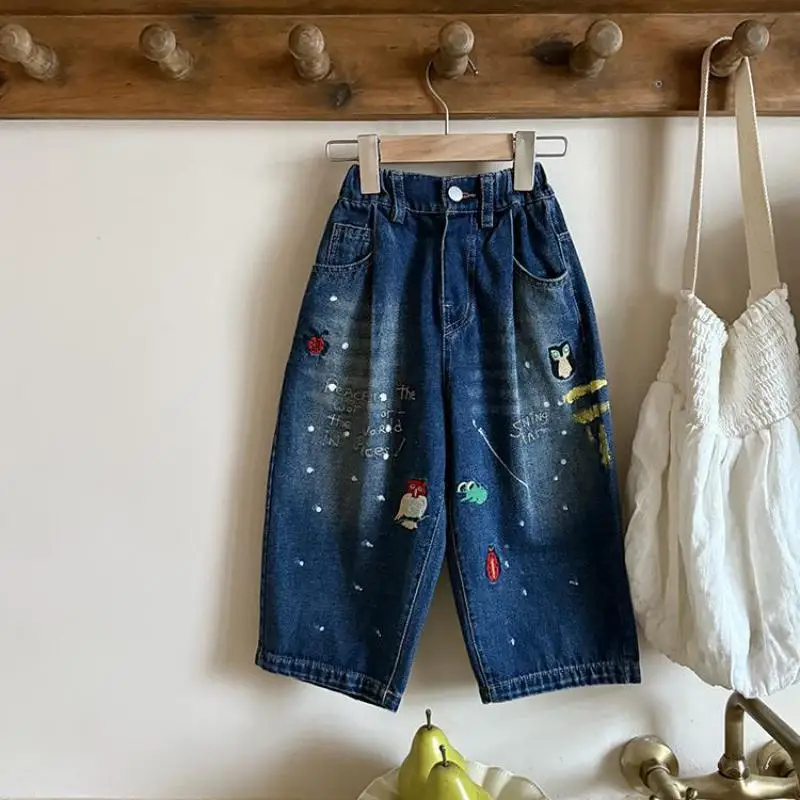 

2025 Autumn New Children Denim Trousers Cartoon Embroidery Girls Harem Pants Boys Versatile Casual Pants Kids Toddler Clothes