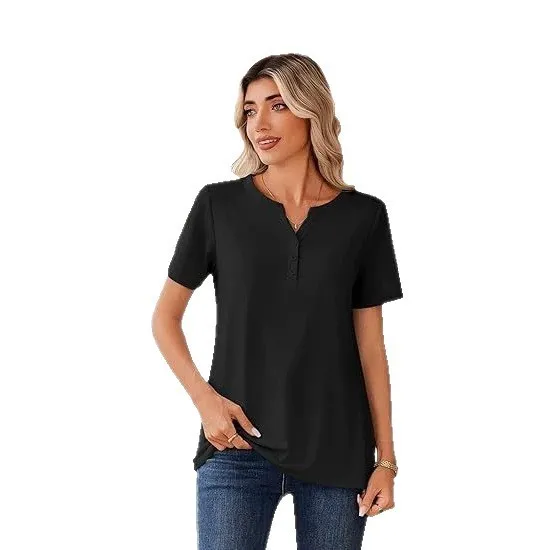 Casual Short Sleeve T Shirt Women Light Blue Solid Color V Neck Regular Fit Ribbed Knit Tee Button Front Loose Fit Women's