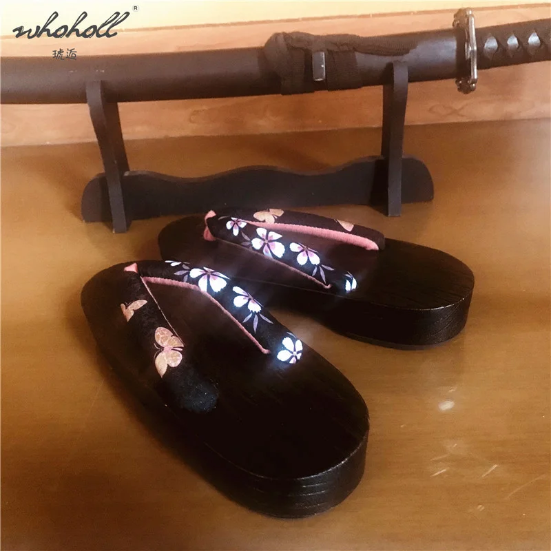 WHOHOLL Geta Women Flip-flops Summer Slippers Indoor Japanese Geta Wood Clogs Kimono Slipper Animation Cosplay Costumes Shoes