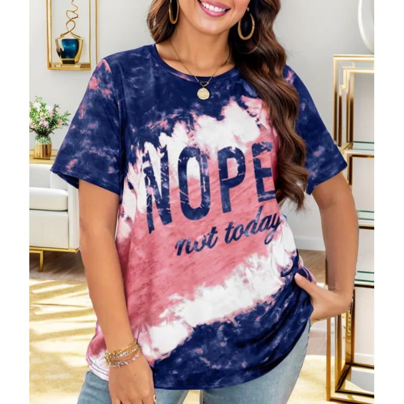 JY Plus Size Letter Print Top Colorblock Crew Neck Short Sleeve, O Neck, Leisure Time Ladies Tshirt Tops, Summer, 2024