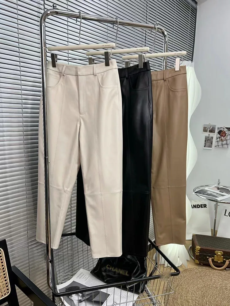 Women Pants Elegant 2024 New Fashion High Waist Genuine Leather Trousers Women Streetwear Luxury Designer