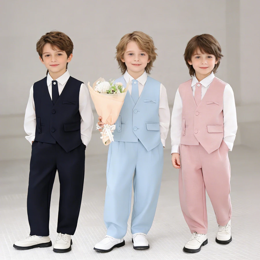 Boys 3-Piece Formal Suit Set Gentleman Vest Pants Shirt for Wedding Birthday Party Kids Toddler Classic Dress Outfit Spring New