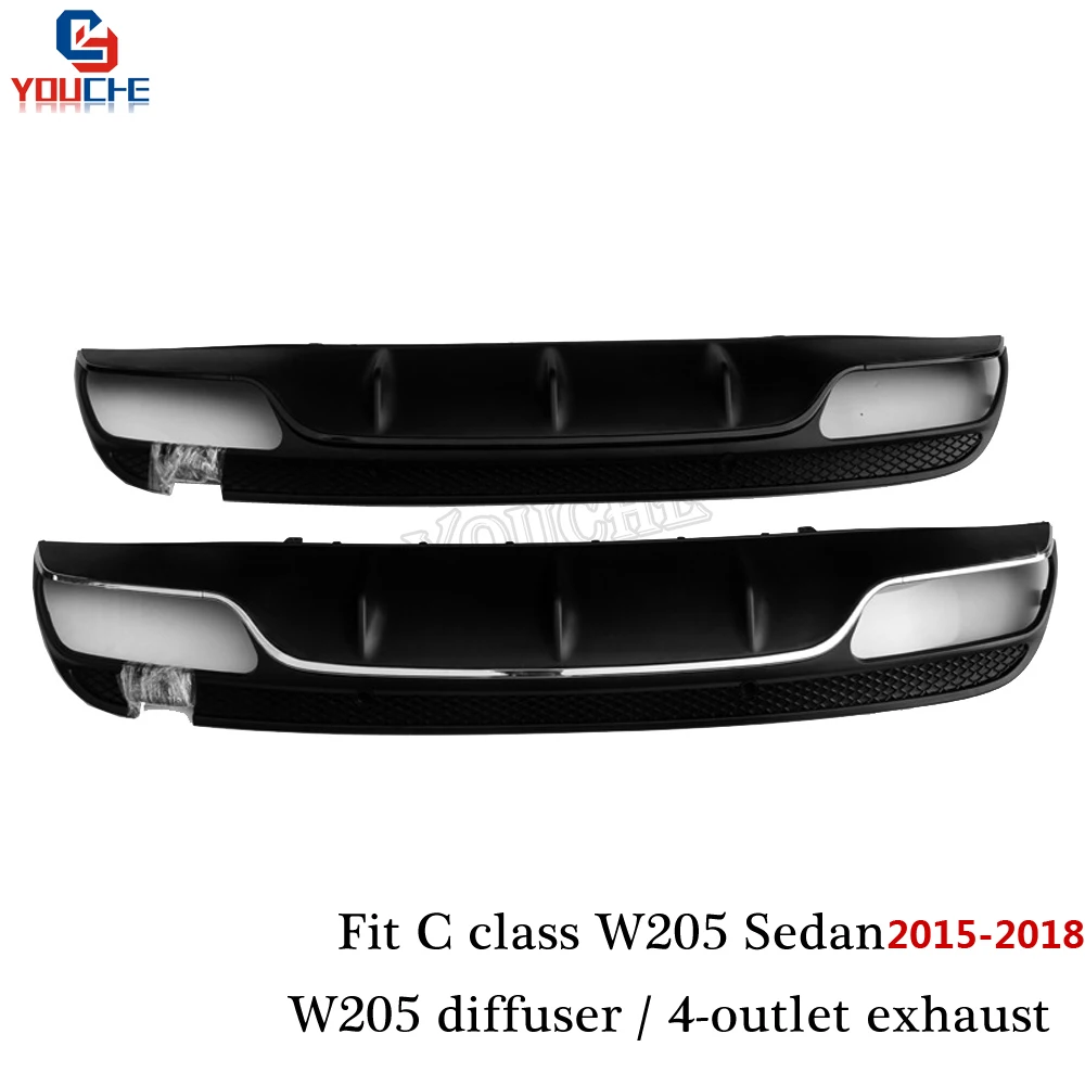 W205 AMG C63 Style Rear Diffuser with 4-outlet Exhaust Tips for Benz C Class Sedan Wagon with AMG Package S205 2015 - 2018