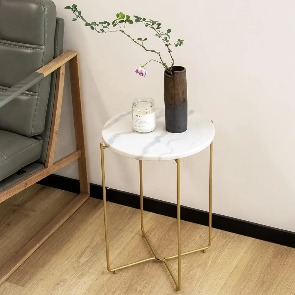 

End Table with Real Natural Marble Top, Modern Lightweiht Bedside Small Coffee Table for Living Room Bedroom Small Space