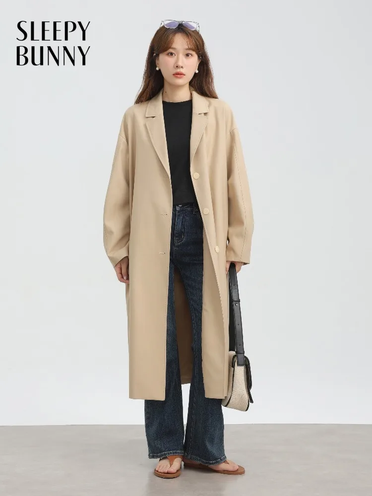 Women Early Spring British Style Trench Notched Collar Coat Dropped Shoulder Loose Fit Long Overcoat for Lady Office Daily Wear