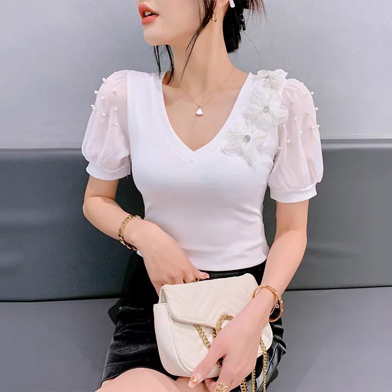 M-3XL New Summer European Women\'s T-Shirt Clothes Chic Flower Beading Tops Female Fashion Puff Short Sleeve Slim Tees Blouse