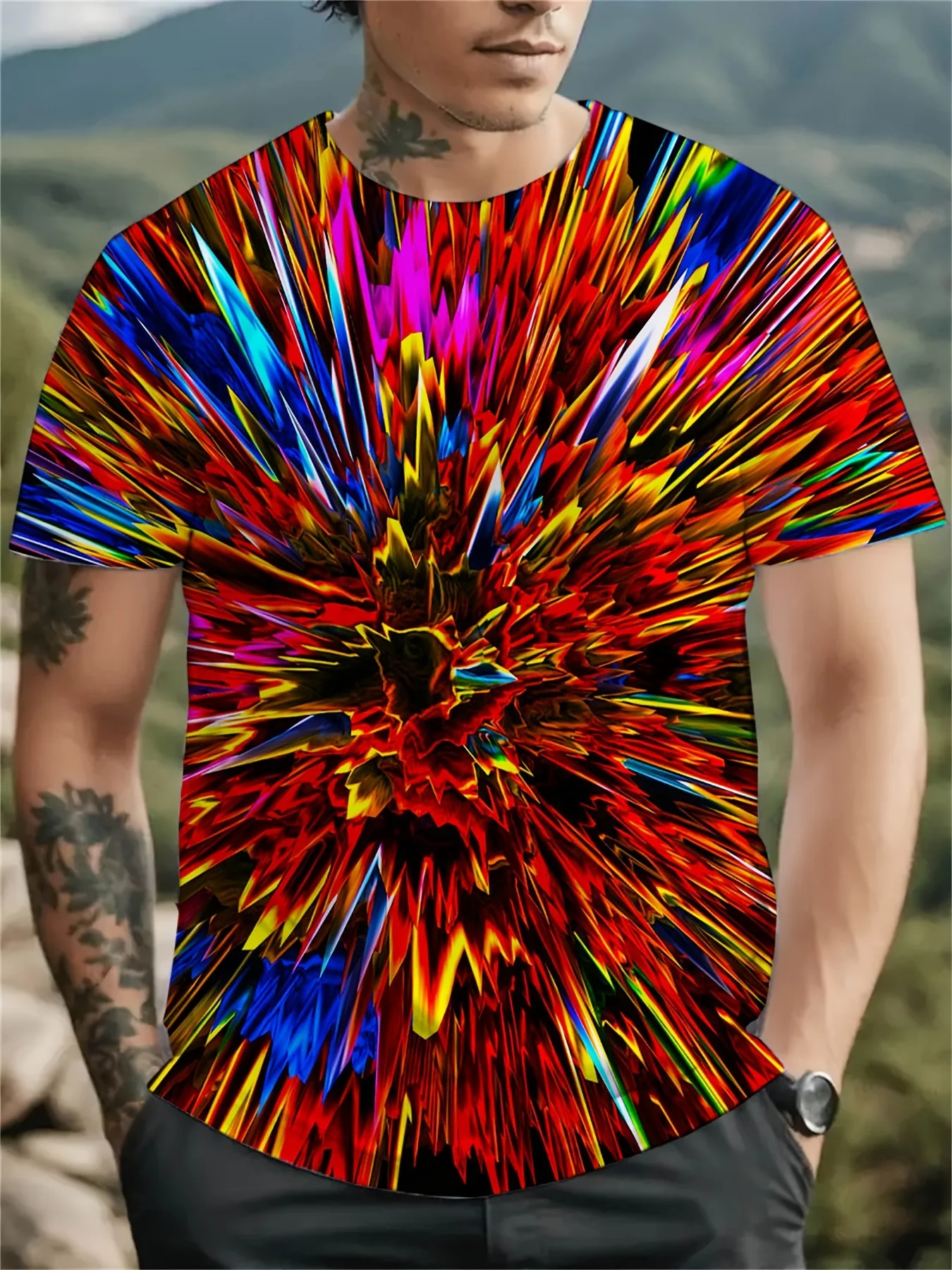 تي شيرت رجالي مطبوع تجريديًا، لوحة ألوان جريئة، مسامي ومريح، يعرض أسلوبًا فريدًا #3