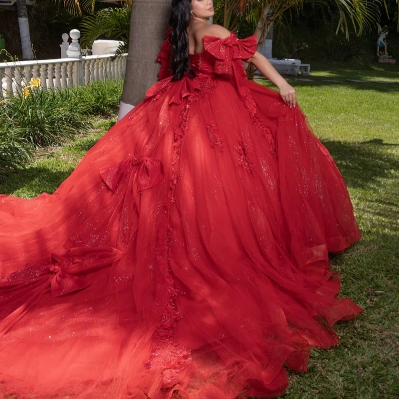 Red Shiny Quinceanera Dresses Off The Shoulder Applique Flower Beading Tull Ball Gown Vestidos De 15 Anos Sweet 16 Dress