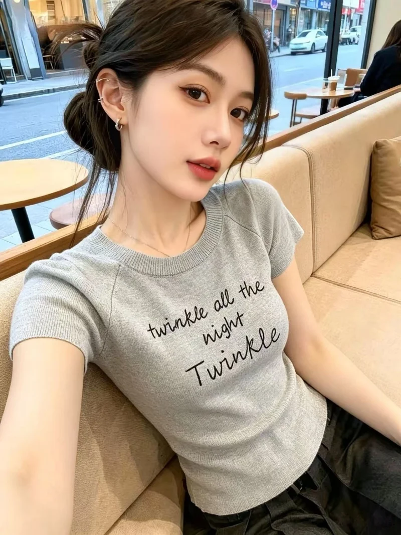 

Korean Style Simple Letter Short Sleeve Knitted Shirt Women Summer New Casual Versatile Shoulder Top Self Retention Recommend...
