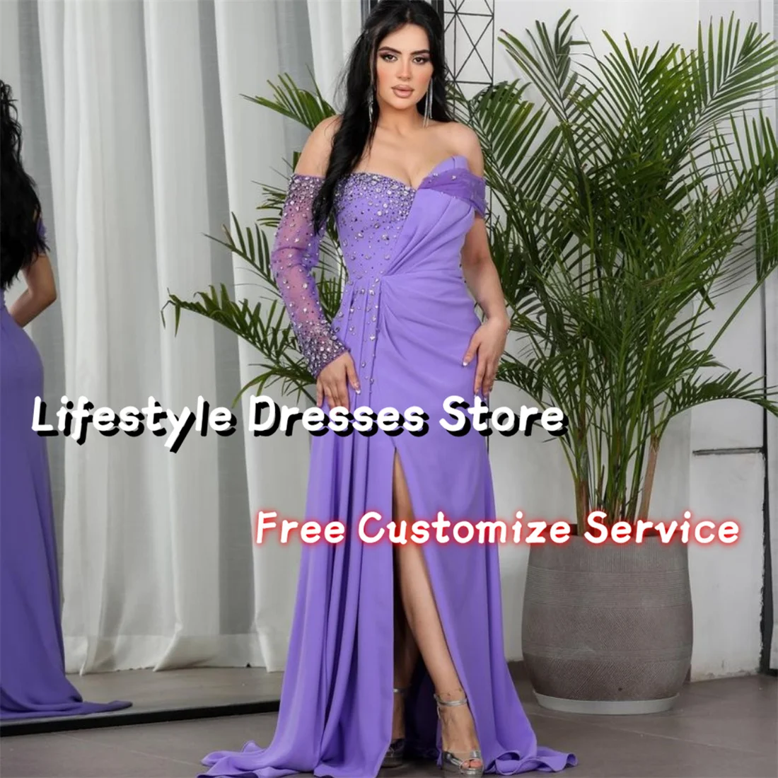 

Off Shoulder Elegant Evening Dresses Beaded One Long Sleeve Prom Dresses Mermaid Party Gown vestidos para eventos especiales