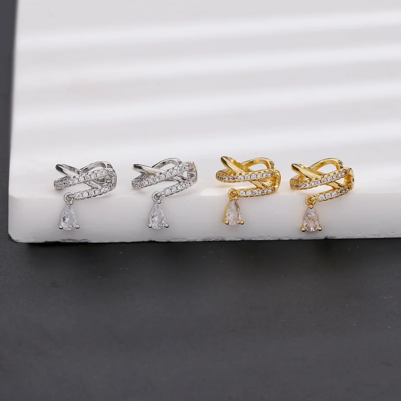 1 Pcs Zircon Water drop Cross Ear Clip Earrings for Women Geometry Line Ear Cuff Party Fashion Gold Silver Color Jewelry Gifts