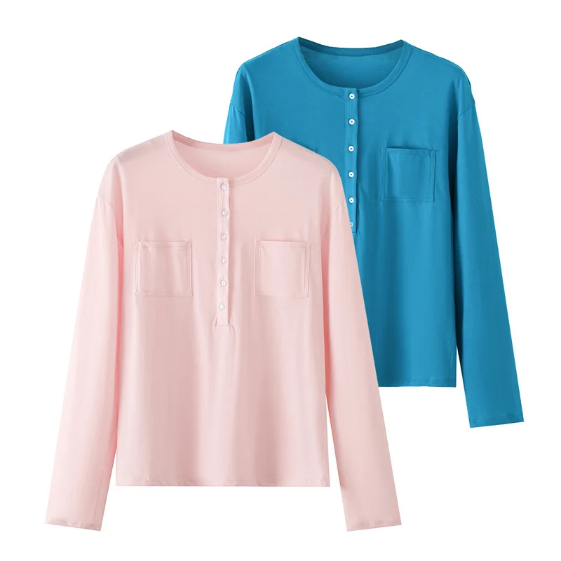Guobioziy Women's Pure Cotton T-Shirt 2026 Early Autumn New Long Sleeve Loose Fit Buttoned Small Open Collar Pocket T-Shirt