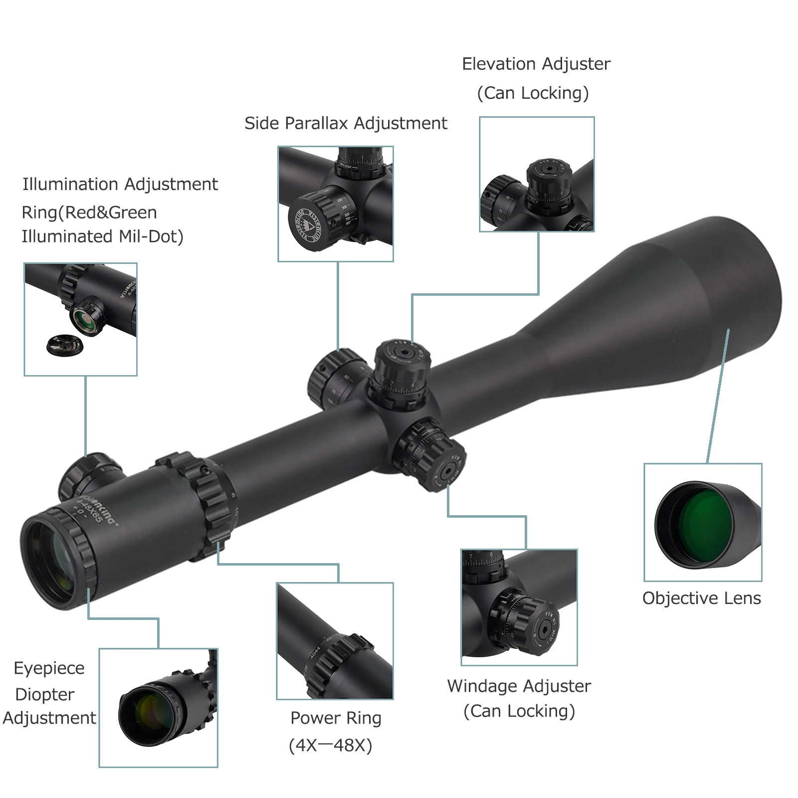 Visionking 4-48x65 High Magnifier Military Riflescope Hunting Shooting Sniper Aim Optics Sight .30-06 .308 .50 Good Rilfe Scope