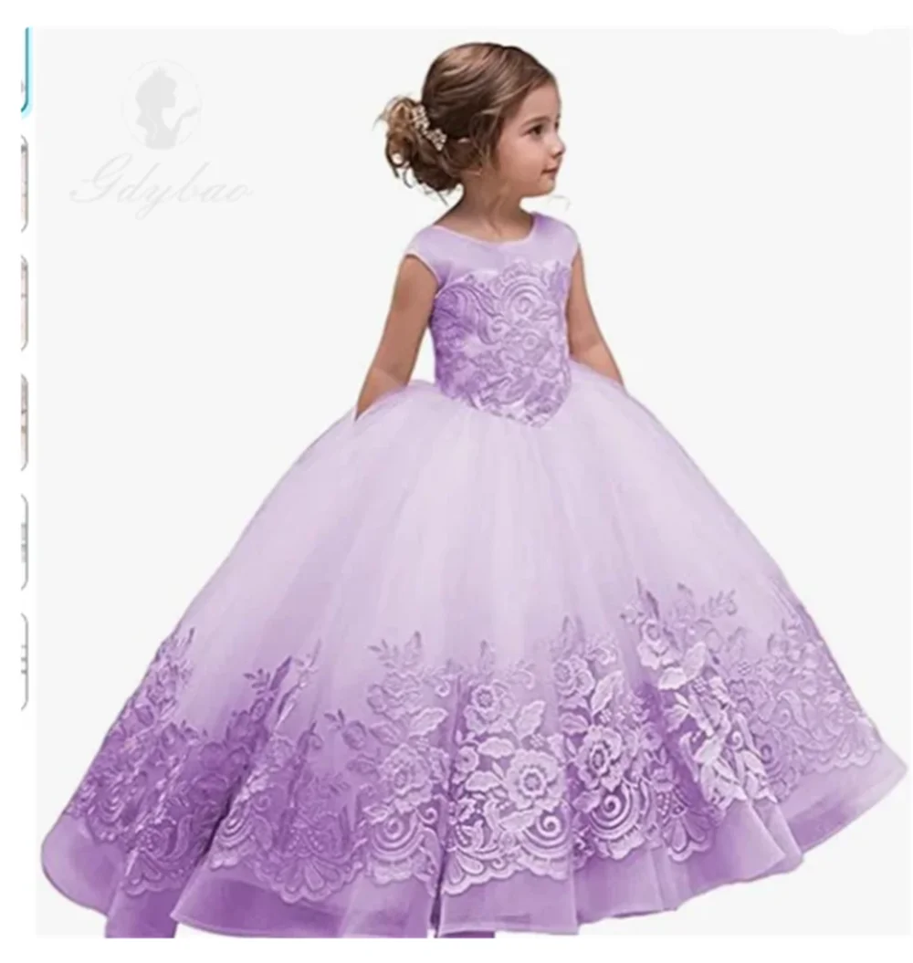 

Elegant Flower Girl Dresses Tulle Princess Lace Sleeveless Wedding Pageant Ball Gown with Bow-Knot First Communion Dress