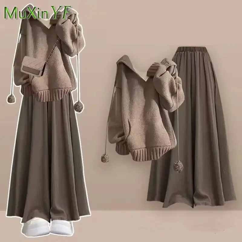 

Women's Autumn/Winter New Vintage Tracksuit Matching Set 2025 Korean Elegant Fake Two Piece Sweater Shirt+Loose Pants Skirt Suit