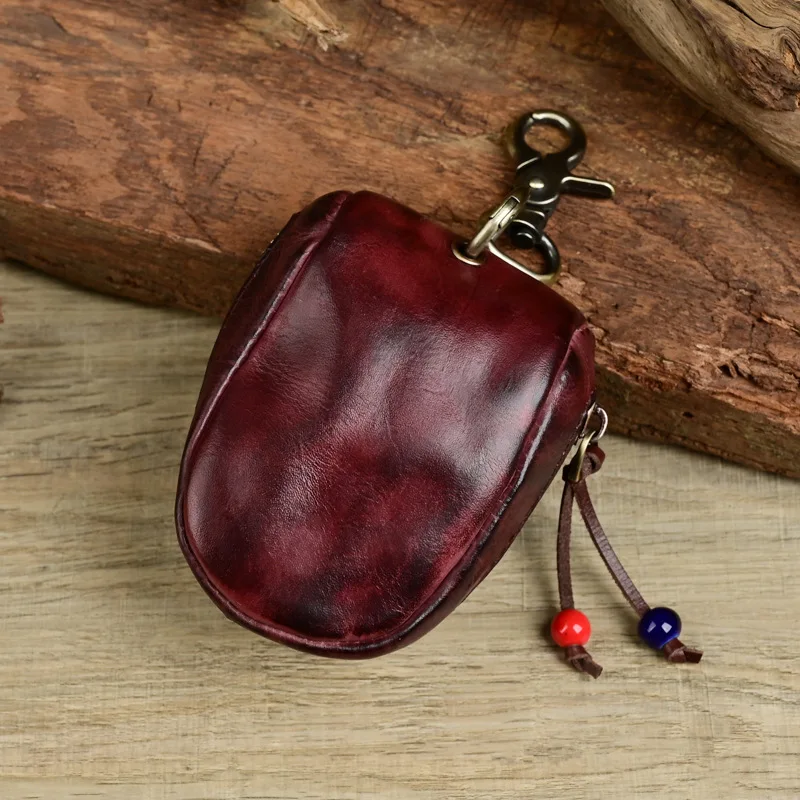 Handcrafted Vegetable Tanned Top Layer Cowhide Leather Key Holder Bag Unisex Waist Hanging Home Lock Key Storage Pouch
