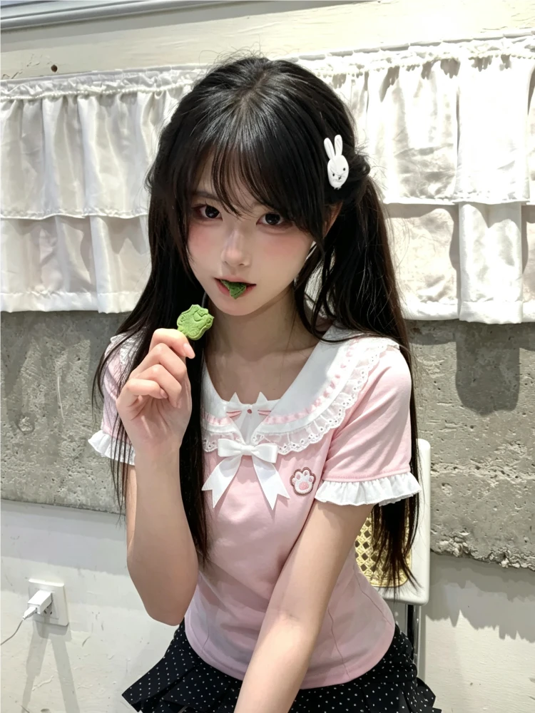 Summer Japanese Kawaii Cute Bow Short Sleeve T Shirts Cartoon Y2K Aesthetic Sweet Women Harajuku Fashion Tee Ropa Mujer