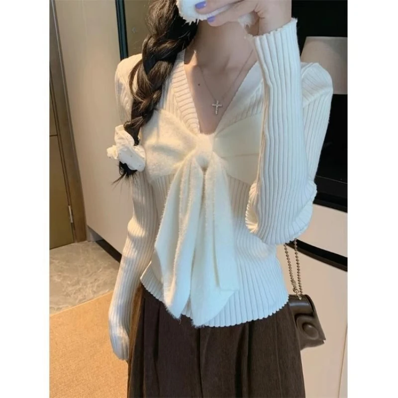 

Korean Style Sweet Knitted Pullovers Women Elegant Kawaii Bow White Sweaters Harajuku Cute Blue Long Sleeve Jumpers