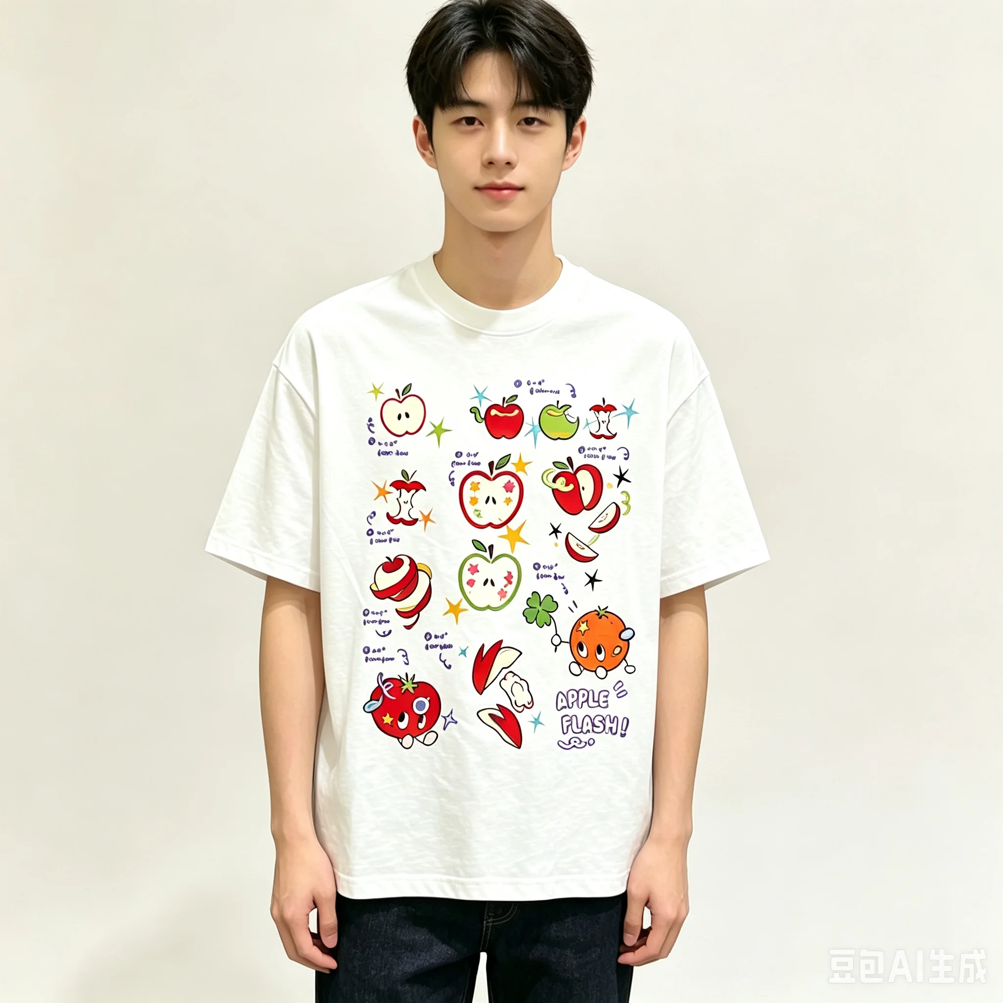 Y2K Oversized Tee Hand Drawn Cartoon Apple Doodle Collage Print Star Clover Soft Washed Cotton Unisex Loose Street T Shirt White