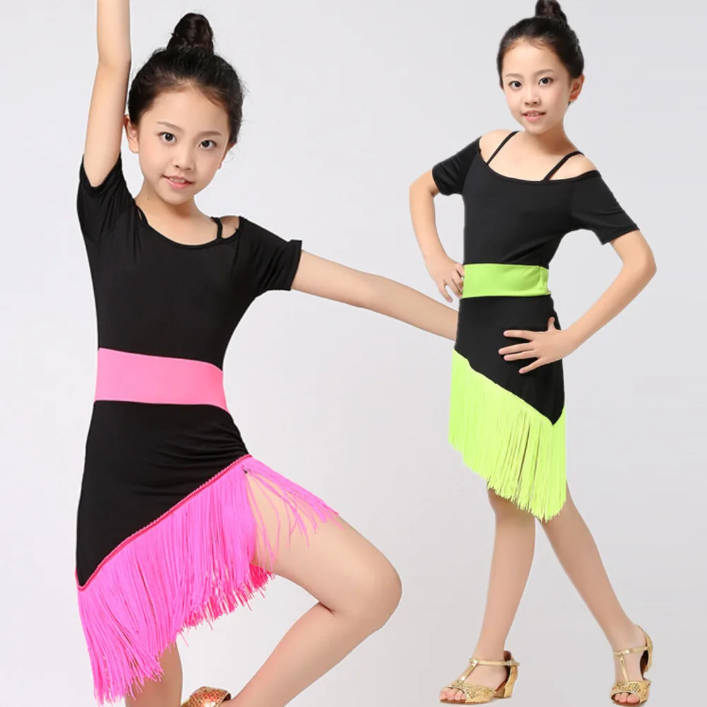 Latin Dance Tassel Dress For Child Girls Kids Fringe Dance Clothes Ballroom Cha Cha Salsa Tango Dance Dress Outfit Stage Costume