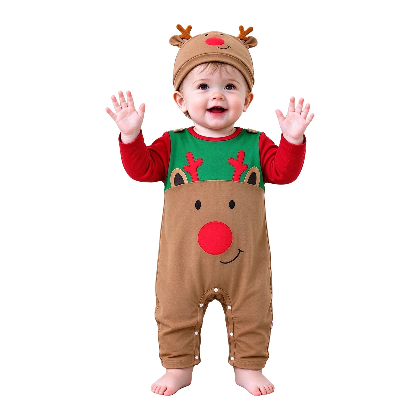 Infant Cute Elk Christmas Romper Jumpsuit Hat Set Color Block Long Sleeve Open Crotch Bodysuit Baby Reindeer Xmas Party Costume