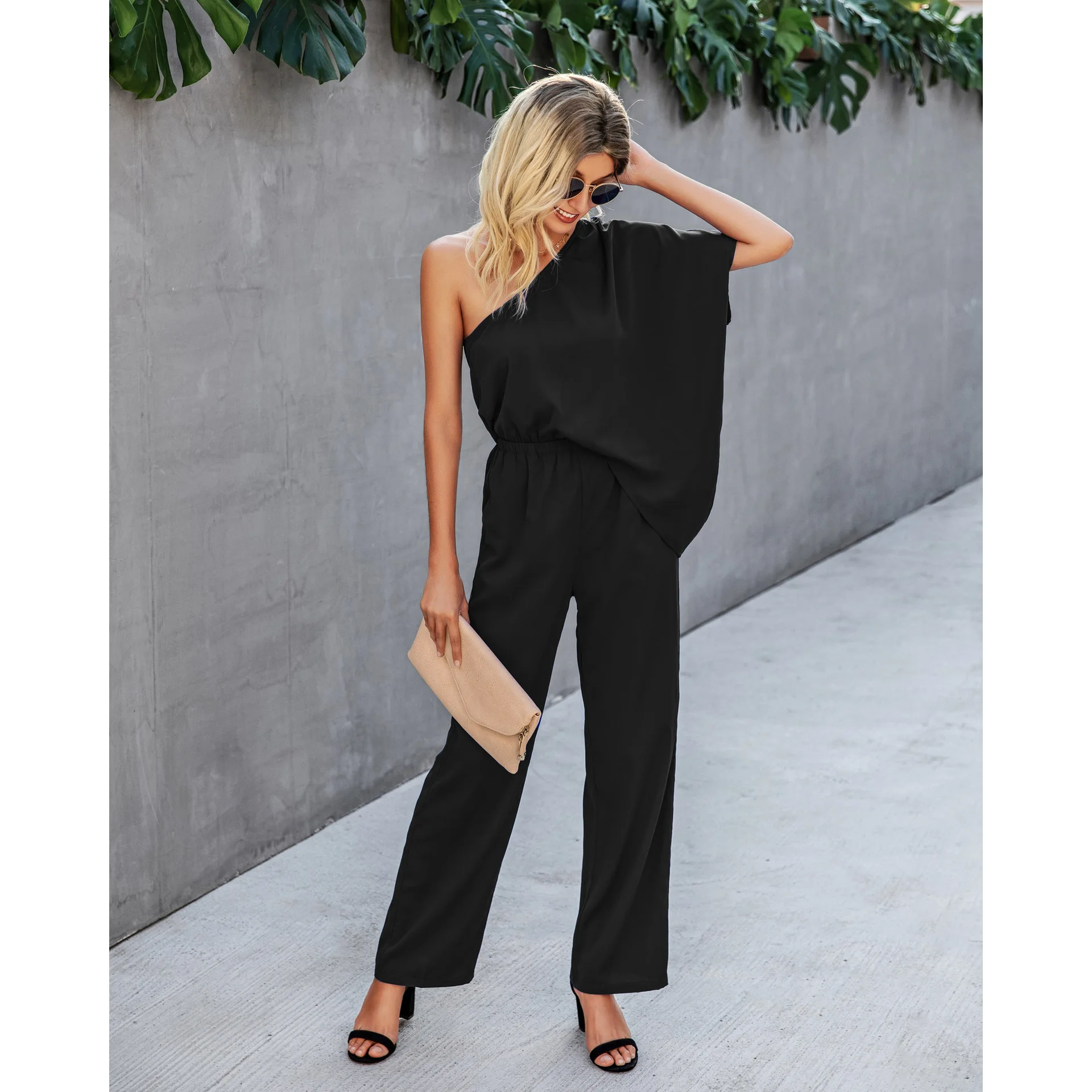 Donna Primavera Estate Nuova tuta allentata sexy con spalle scoperte Tute casual per la casa Pantaloni generali Vita alta Tinta unita