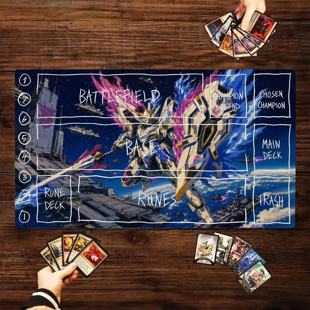 Space Mecha Purple Blue Fire Wings TCG Playmat 35X60CM Magic Card Battle Mat Non‑Slip Durable Stitched Edge Tabletop Playmat