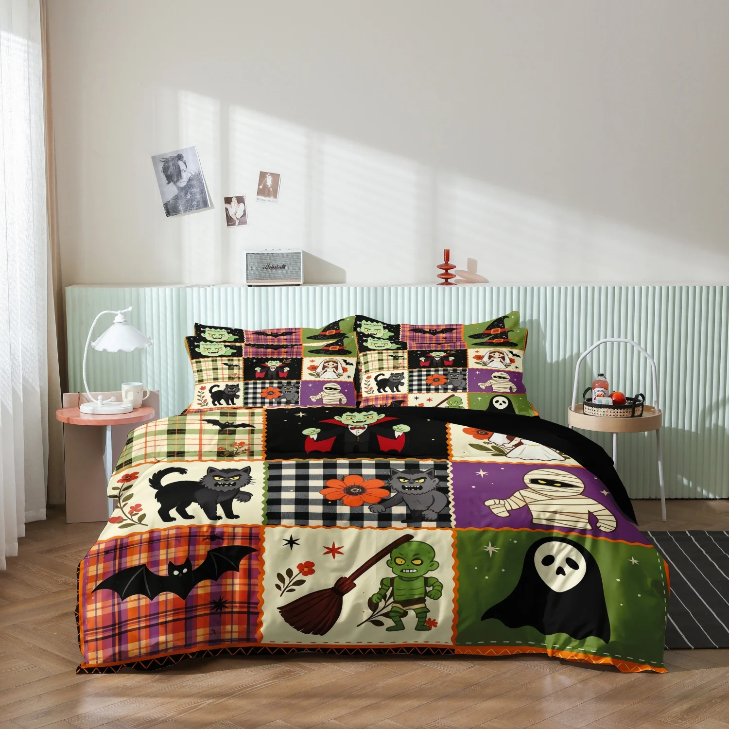3Pcs Retro Universal Monster Halloween Print Duvet Cover Set, Patchwork Grid Vampire Mummy Werewolf and Bat Print Bedding