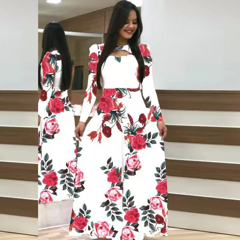 Jesienne sukienki damskie z długim rękawem z nadrukiem 2024 Fashion Round Neck Flower Hollow Maxi Roupas Mujer 5XL