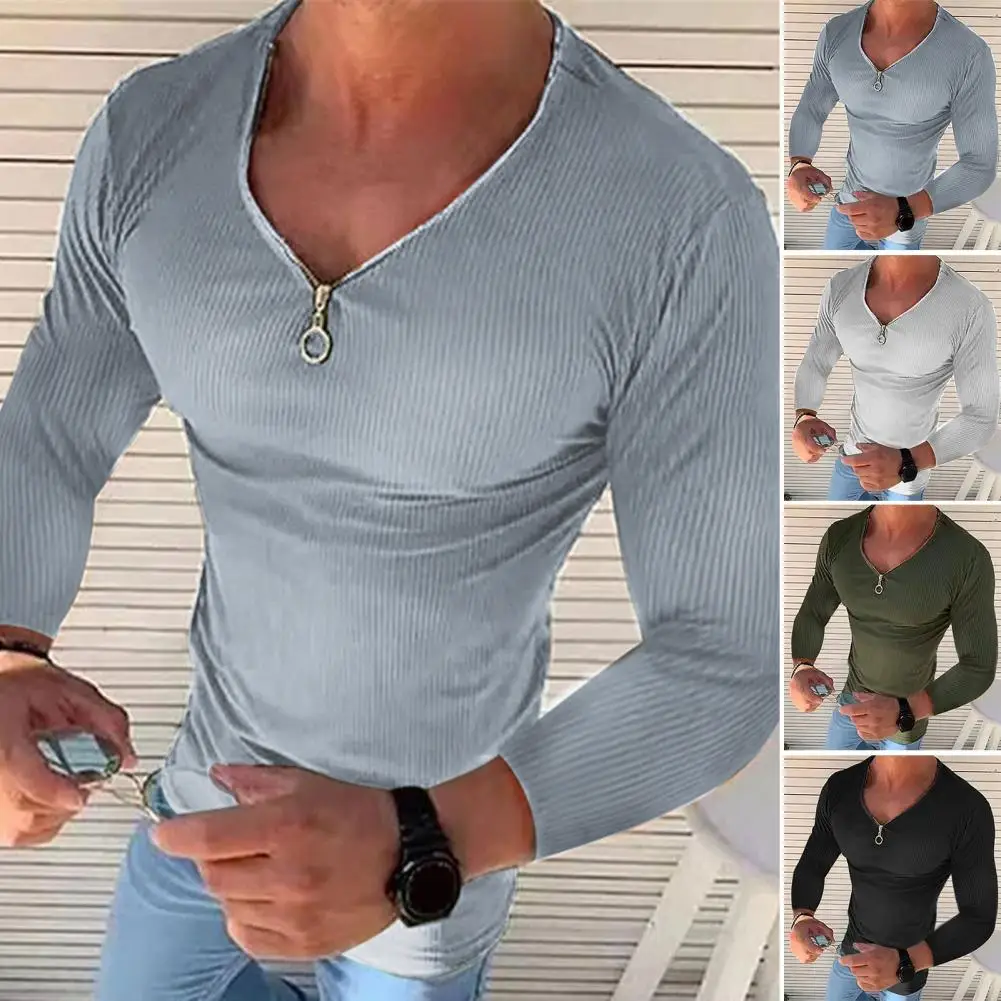 Men Shirt Solid Color Long Sleeve V Neck Ribbed Stretch Streetwear Spring Autumn Slim Fit Zipper T-shirt Top Men Clothing 2023