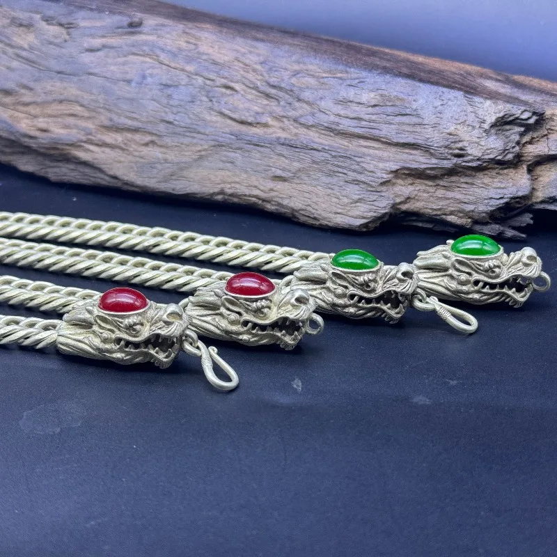 Vintage Old Silver Tone Dragon Head Curb Chain Necklace, Inlaid Red & Green Created Gem Ethnic Men Statement Jewelry