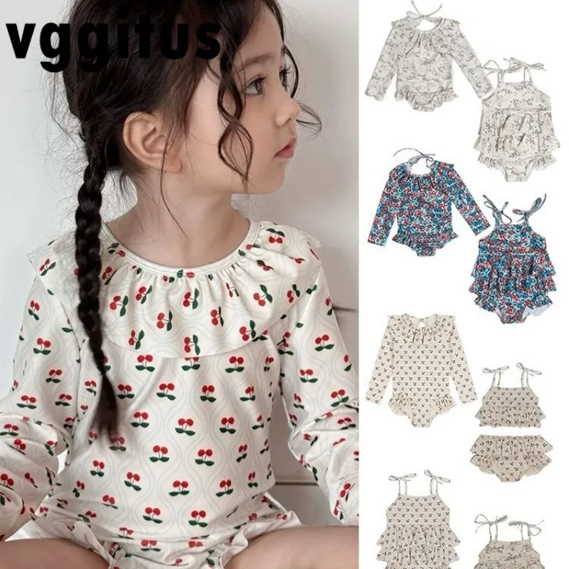 Kids Swimwear for Girl New Summer Baby Girls Cute Cherry Floral Swimsuit Set Long Sleeves/Sling Sunscreen Swimsuit Bikini H503