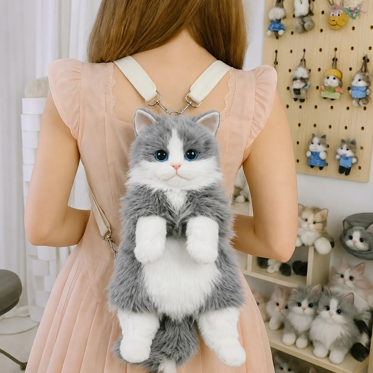 Niedlicher Katzen-Rucksack für Mädchen, Kawaii Plüschtasche, Weiche Tier-Umhängetasche für Schule, Reisen & Tägliches Outfit
