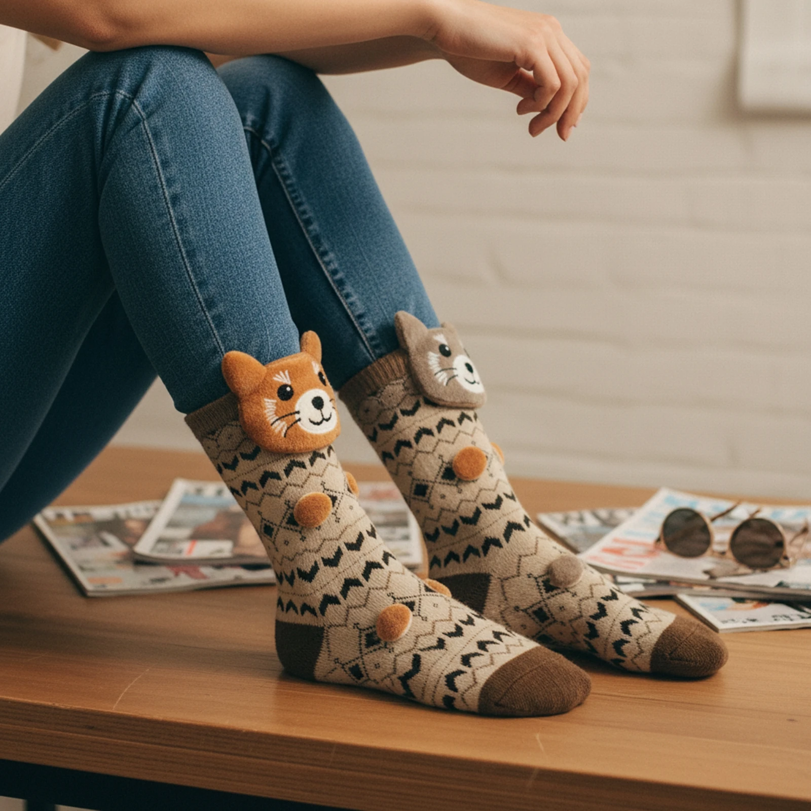 

Plush Crochet Warm Mid Tube Socks Cartoon Animal Pattern Foot Warmer Winter Women'S Home Warm Foot Cover Fashionable Home Socks