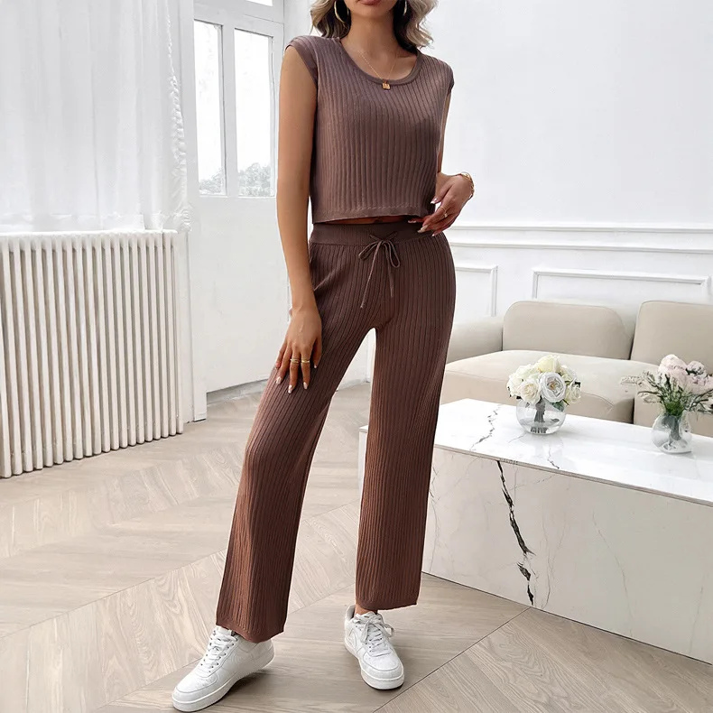 2024 Spring and Summer Women's Solid Color Round Neck Sleeveless 9-Point Pants Slim Sweater Suit Костюм Женский Летний