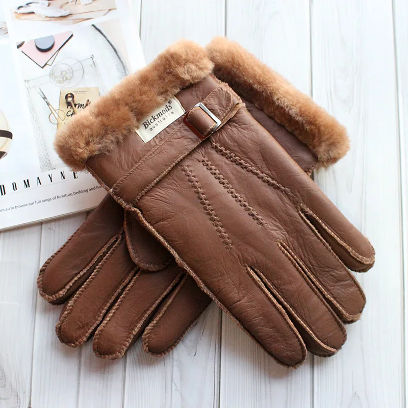 Guantes de piel de oveja para hombre, gruesos, cálidos, de invierno, talla grande, para exteriores, a prueba de viento, con costuras a mano fría, guantes de dedo de cuero cosidos